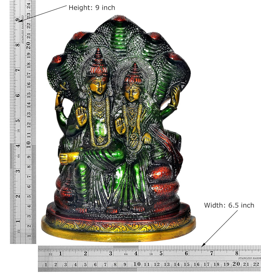 Brass Maa Lakshmi with Lord Vishnu On Sheshnag Idol Statue for The Puja Temple at Home in Brass - (Height 9 Inch) (Multicolor ) Craft Detail