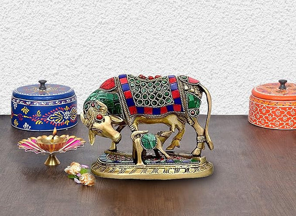 Brass Kamdhenu Cow and Calf Carving Om and Swastik Idol for Vastu, Mandir and Home Decor Height 5 Inch Mandir Setting
