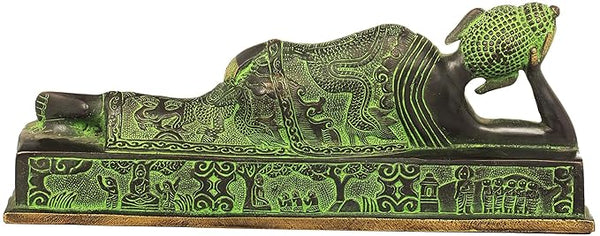 Brass Buddha Statue in Reclining Position (Width: 12 Inches) Study Setting