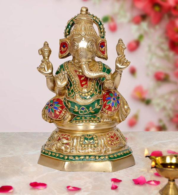 Brass Ganesh Statue - Handcrafted Lord Ganesha Idol for Home Decor and Pooja - Hindu God Ganapati Figurine (Height 11 Inch) Mandir Setting