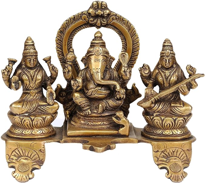 Brass Goddess Lakshmi Ganesha and Saraswati Murti Idol Statue for Diwali Height 5.5 Inch Craft Detail