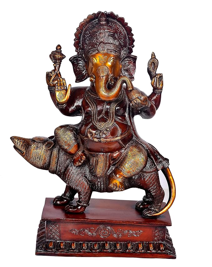 Brass Lord Ganesha Sitting On Mouse (Height 20 Inches) maroon Craft Detail