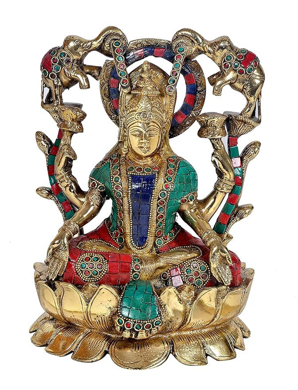Brass Goddess Lakshmi Sitting On Lotus Idol Statue for Pooja Office Prosperity Wealth Home Warming Showpiece Multicolour Height 11.5 Inches Entryway Setting