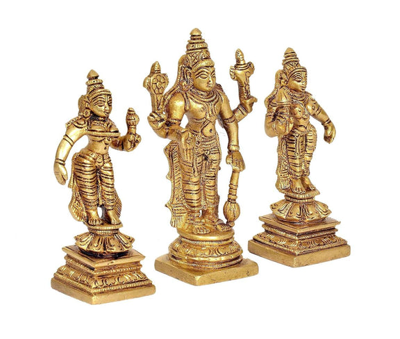 Brass Vishnu Bhudevi Sridevi Statue Idol Height : 6 inches (Large)