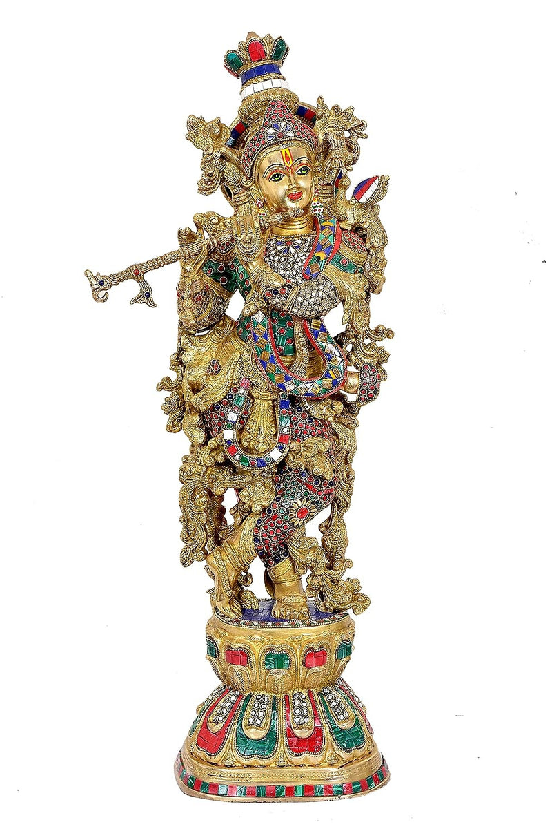 Brass Radha Krishna Murti with eye work (Height : 29 inches)