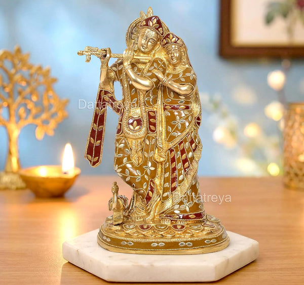 Brass Standing Radha Krishna Idol with Peacock Playing Flute (Height 12 Inches) (Multicolor 1) Mandir Setting