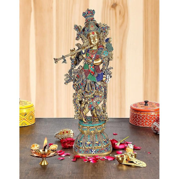 Brass Lord Krishna Murti (Flute 29 Inches) Mandir Setting