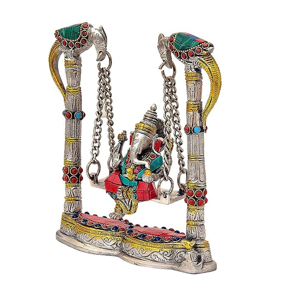 Lord Ganesha on a Swing Jhula Brass Statue Idol, Height : 8 Inch Study Setting