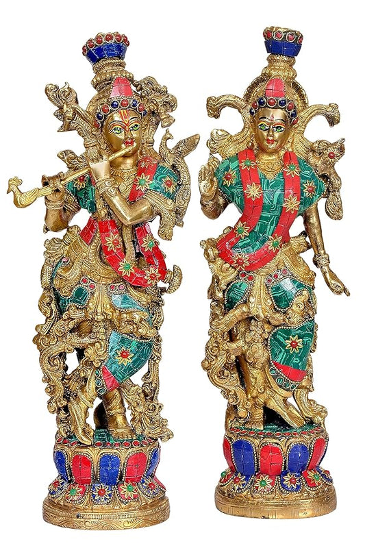 Brass Radha Krishna Idol with Eye Work (Heigh: 14 Inches)