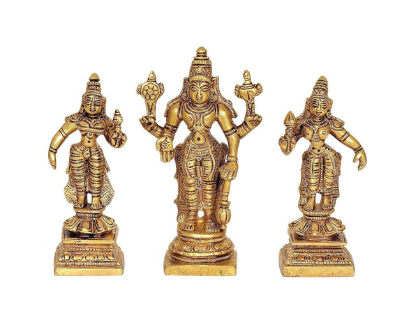 Brass Vishnu Bhudevi Sridevi Statue Idol Height : 6 inches (Large)