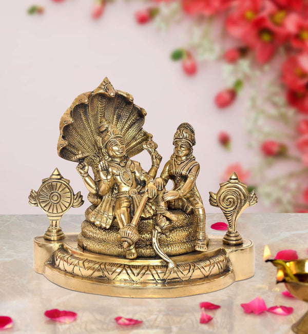 Fine Brass Maa Lakshmi with Lord Vishnu On Sheshnag Idol Statue for The Puja Temple at Home in Brass - (Height 9.5 Inch) (Gold) Mandir Setting
