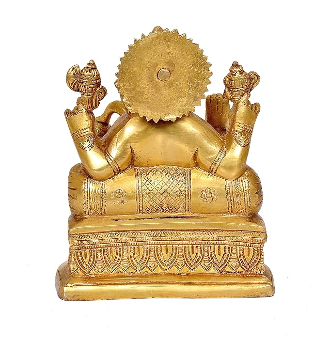 Brass Ganesha sitting on Singhasan Statue (Height: 8 inches)