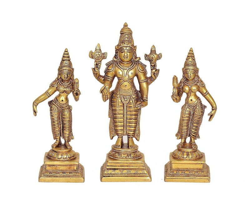 Brass Vishnu Bhudevi Sridevi Statue Idol Height : 4 inches (Small)