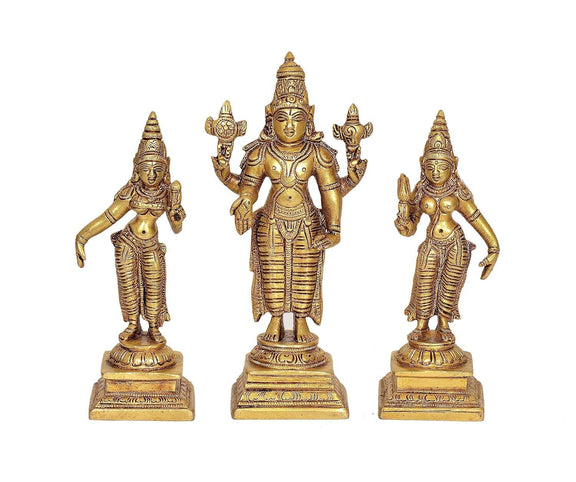 Brass Vishnu Bhudevi Sridevi Statue Idol Height : 4 inches (Small)