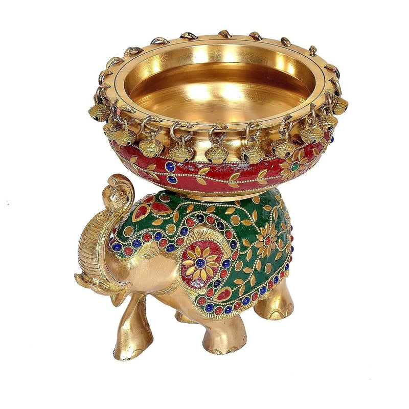 Brass Elephant with Urli Statue (Height : 9 Inches)