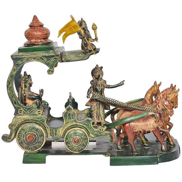 Brass Arjun Rath Idol – Lord Krishna & Arjuna Flag with Hanuman Ji Mahabharata Chariot Statue for Temple & Home Decor Office Mandir Pooja Decorative Showpiece (Height:14 Inches) Study Setting