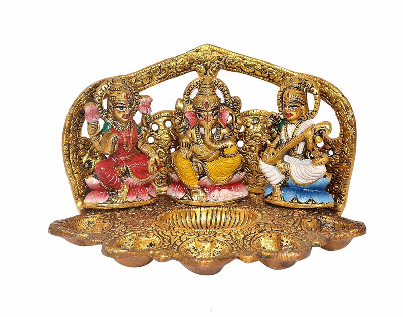 Metal Laxmi Ganesh Saraswati Idol Diya Oil Lamp Deepak with Hand Painting (Height: 5 Inch)