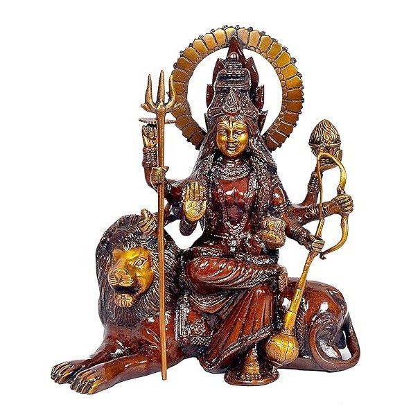 Brass Ashtabhuja Simhavahini Durga Seated On Lion Height 12.5 Inch Mandir Setting