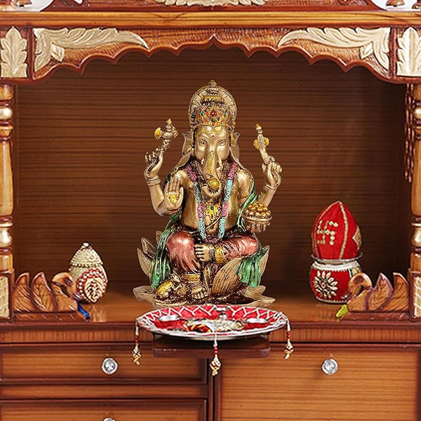 Cold Cast Handcrafted Lord Ganesha Ganesh Murti Sitting On Lotus in Resin, Height : 7 inch, Multicolor Mandir Setting