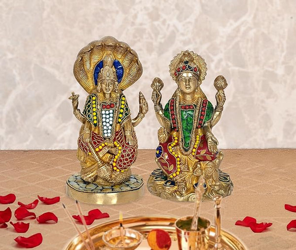 Brass Lord Sitting Vishnu Lakshmi On Shesh Naag Idol Figurine Showpiece Multicolour Height 8" Inches (Set of 2) Mandir Setting