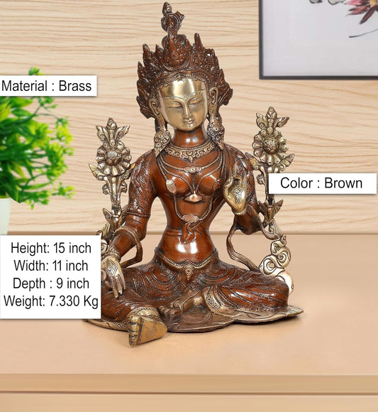 Brass Sitting Tara Devi Statue Tibetan Buddhist Deity (Height 15 Inch)