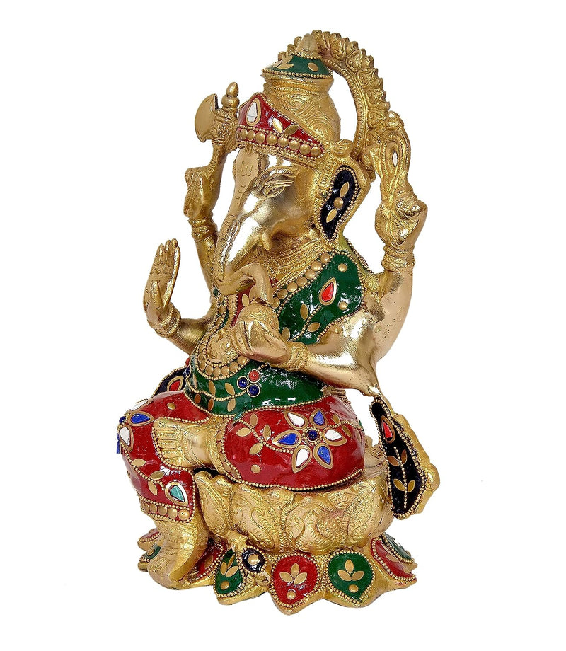 Brass Ganesha Idol Murti On Lotus (Height : 12 inches)