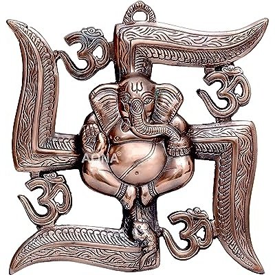 Metal Om Swastik Ganesha Wall Hanging (Height 11 Inches) Mandir Setting