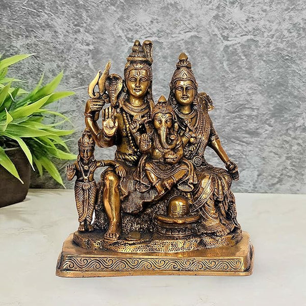 Brass Shiv Parivar Statue Idol On Base Holding Trident for Home Decor | Height : 10 inches Mandir Setting