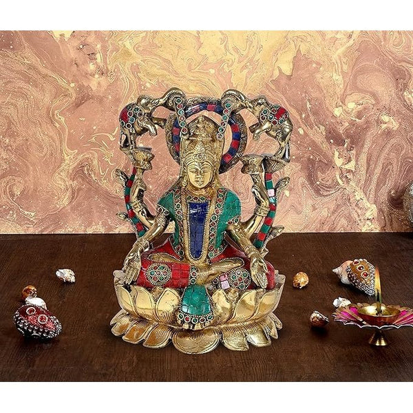 Brass Goddess Lakshmi Sitting On Lotus Idol Statue for Pooja Office Prosperity Wealth Home Warming Showpiece Multicolour Height 11.5 Inches Mandir Setting