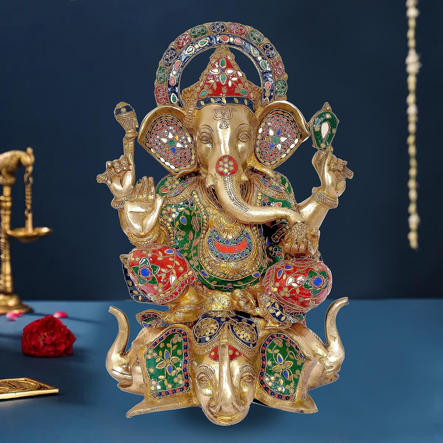 Brass Ganpati Murti On Lotus (Height : 17 inches)