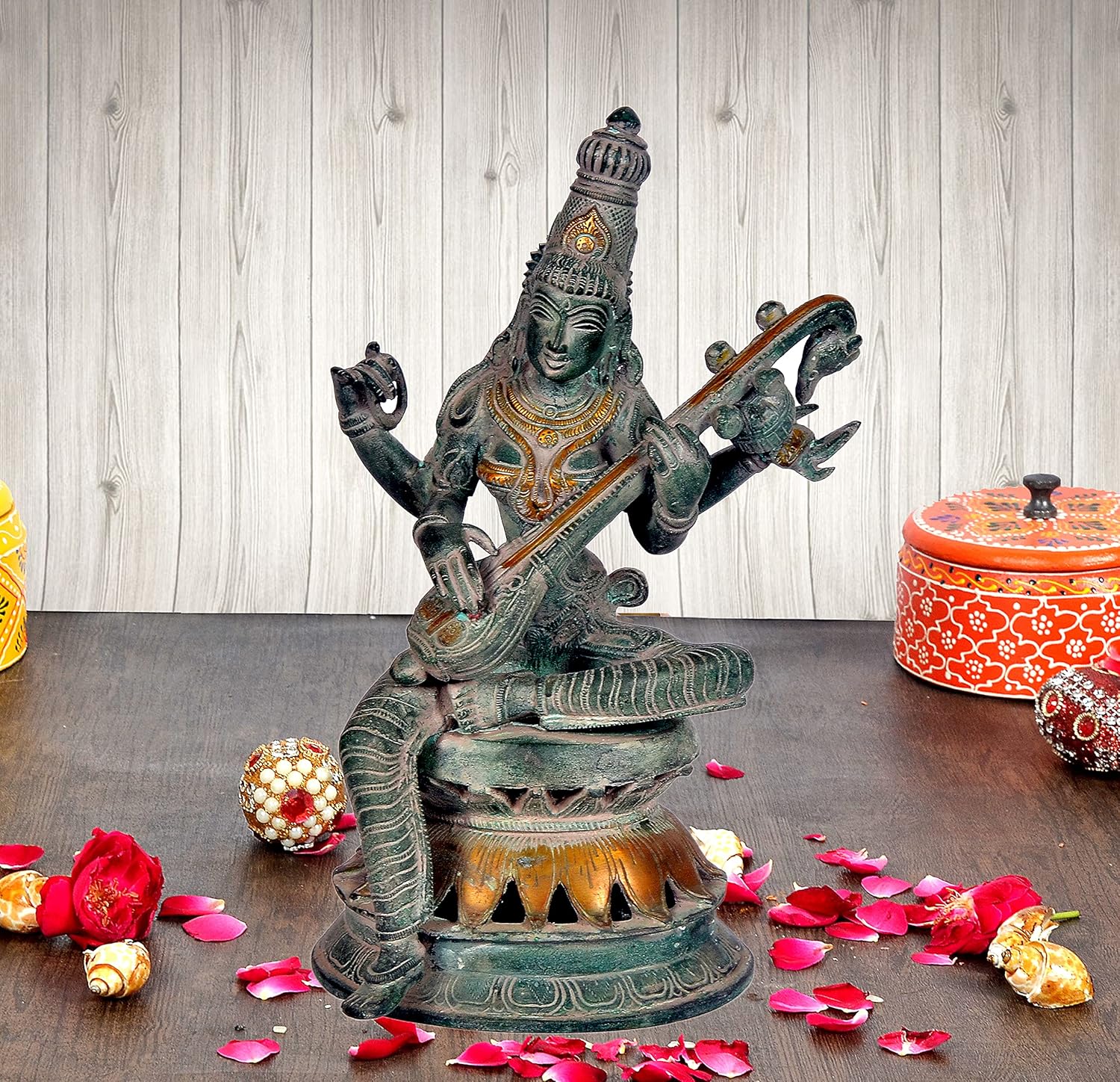 Brass Indian Goddess Saraswati Sculpture with Veena (Height: 12 Inches)