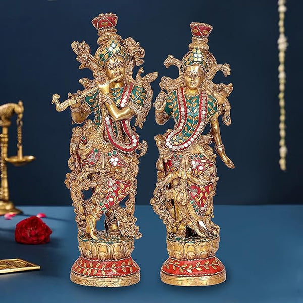 Radha Rani Lord Krishna Decorative Idol Figurine - (Brass, Height 15") Mandir Setting