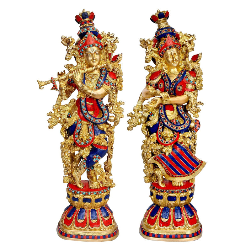 Brass Radha Krishna Statue with stone work (29 Inches)