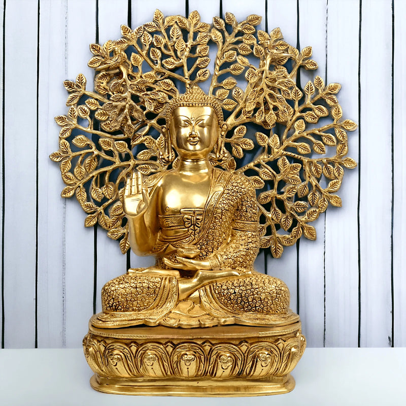 Brass Buddha with Intricately Detailed Tree idol (Height : 26 inches)