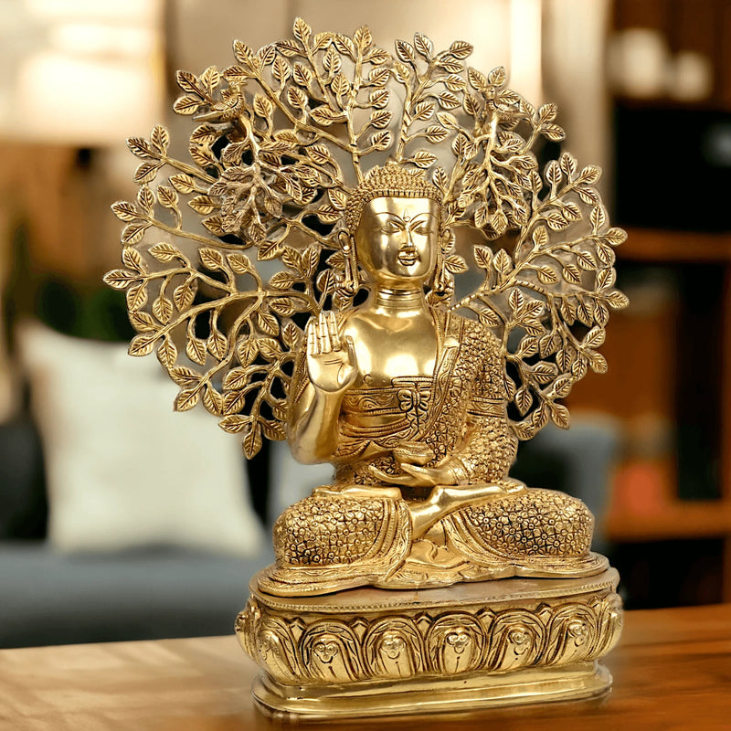 Brass Buddha with Intricately Detailed Tree idol (Height : 26 inches)