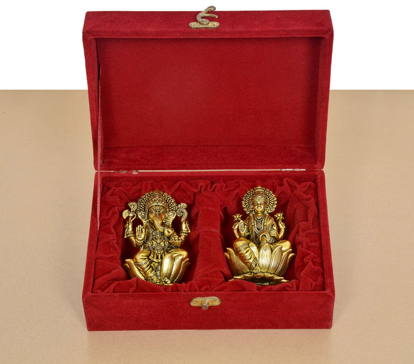 Superfine Brass Ganesh Lakshmi with Velvet Box (Golden) Study Setting