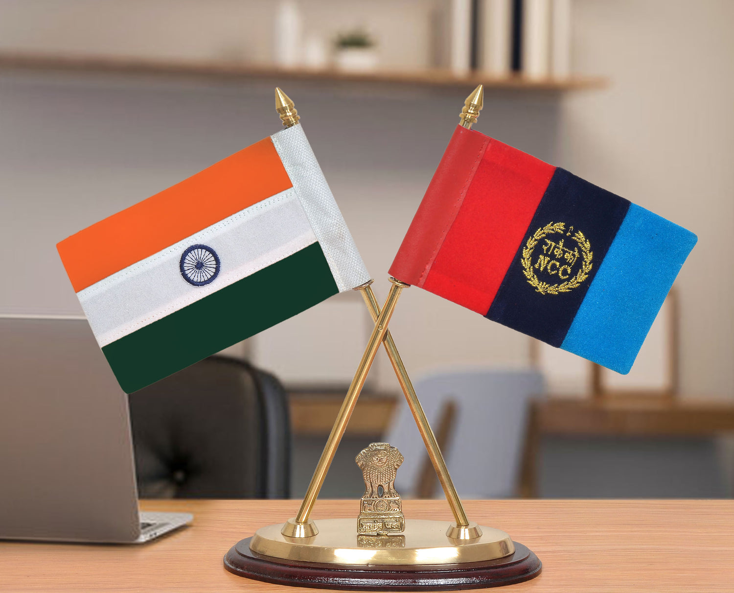 Brass Indian and NCC Desk Flag Set | Golden Base with Ashoka Emblem | Office Table Decor (Height: 12 inch)