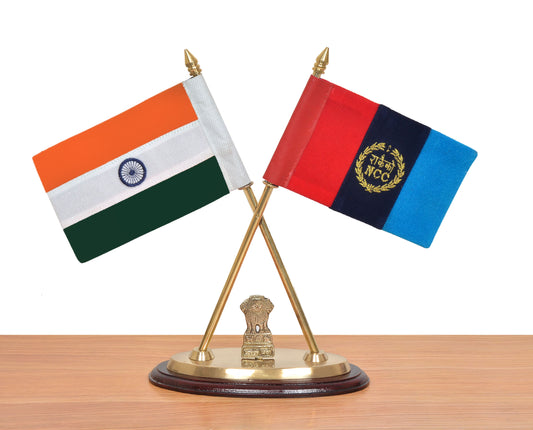 Brass Indian and NCC Desk Flag Set | Golden Base with Ashoka Emblem | Office Table Decor (Height: 12 inch)