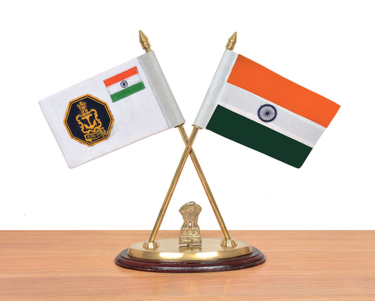 Brass Indian and Indian Navy Desk Flag Set | Golden Base with Ashoka Emblem | Office Table Decor (Height: 12 inch)