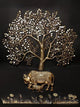Brass Super Large Cow and Calf Under the Kalpavriksha Tree with Grass and Flowers Set of Four (Height: 80 Inches)
