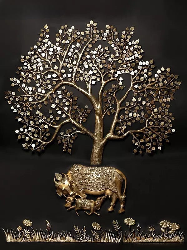 Brass Super Large Cow and Calf Under the Kalpavriksha Tree with Grass and Flowers Set of Four (Height: 80 Inches)