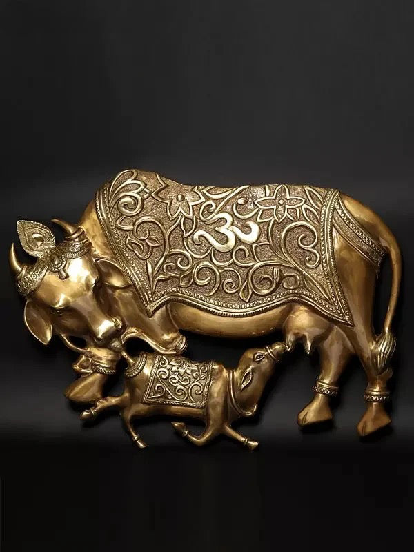 Brass Super Large Cow and Calf Under the Kalpavriksha Tree with Grass and Flowers Set of Four (Height: 80 Inches)