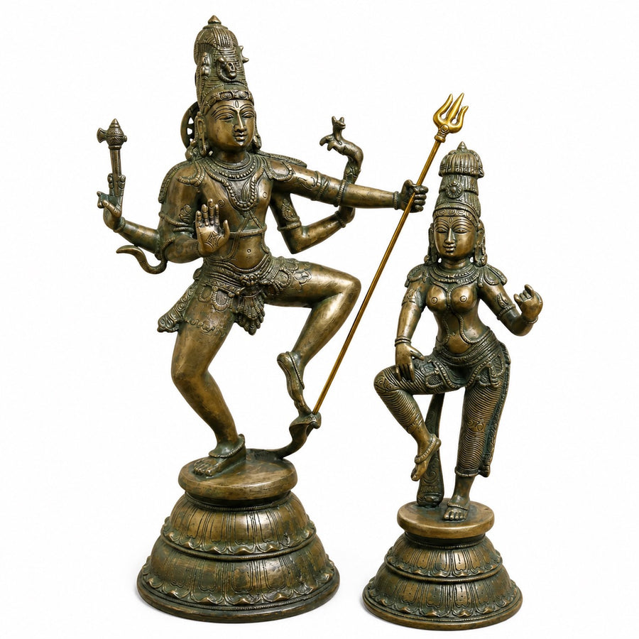 Brass Shiva Parvati Dancing Murti with Elegant Antique Gold & Green Finish (Height:22 Inches) Craft Detail