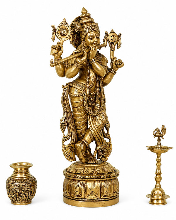 Brass Lord Krishna Sculpture Holding Shankh & Chakra (Height:32.5 Inches) Study Setting