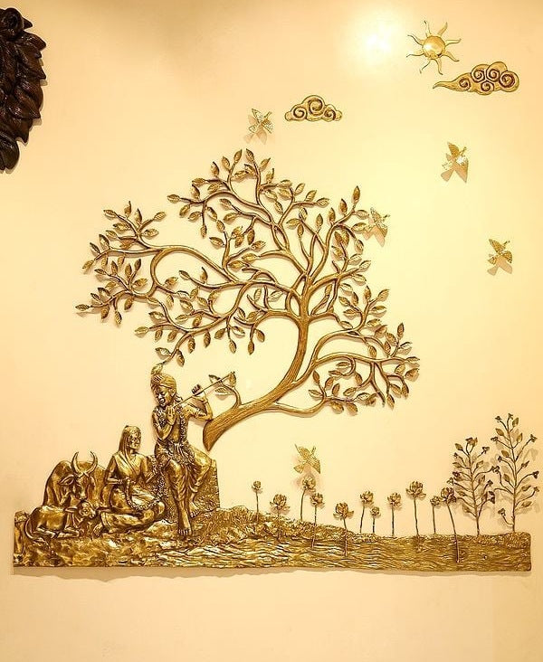 Brass Radha Krishna Seated Under The Tree Wall Hanging (Height: 6 Foot)