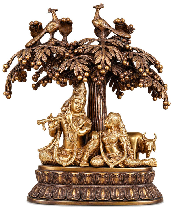 Brass Radha Krishna with Cow & Tree Wall Art | Traditional Decorative Wall Hanging for Home & Pooja Décor (Height: 24 Inches) Entryway Setting