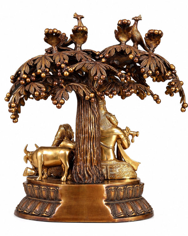 Brass Radha Krishna with Cow & Tree Wall Art | Traditional Decorative Wall Hanging for Home & Pooja Décor (Height: 24 Inches) Study Setting