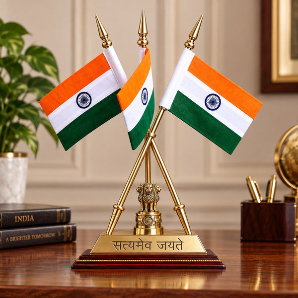 Brass Triple Flag Stand with National Flags (Height:15 Inches) Mandir Setting