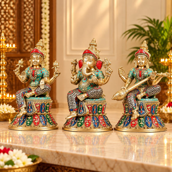 Brass Ganesha, Lakshmi & Saraswati Idol Set on Lotus Base | Handcrafted Divine Trio (Height: 15 Inches) Study Setting