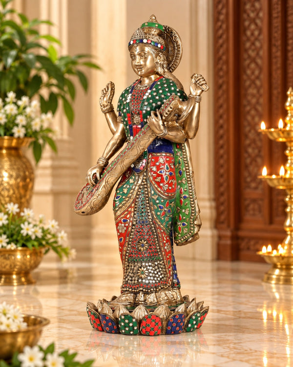 Brass Standing Saraswati Statue | Handcrafted Goddess Saraswati Idol with Intricate Stonework (Height: 25 Inches) Study Setting